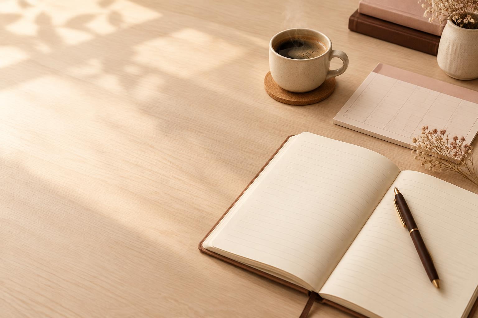 Caderno, caneta, café e calendário sobre uma mesa iluminada